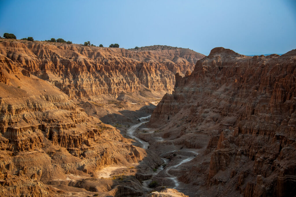 A dramatic desert canyon illuminated by warm sunlight, with winding paths carved through its rugged terrain.