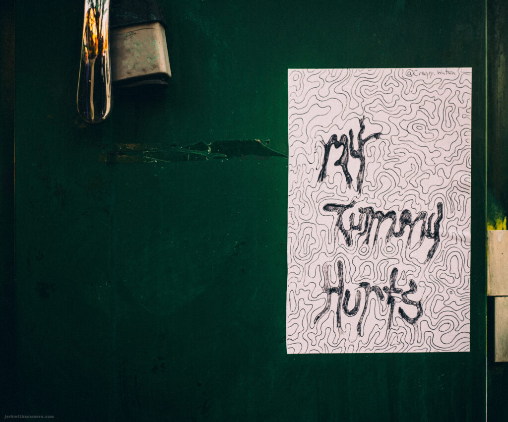 An old red garage overgrown with ivy, illuminated by late afternoon sunlight.